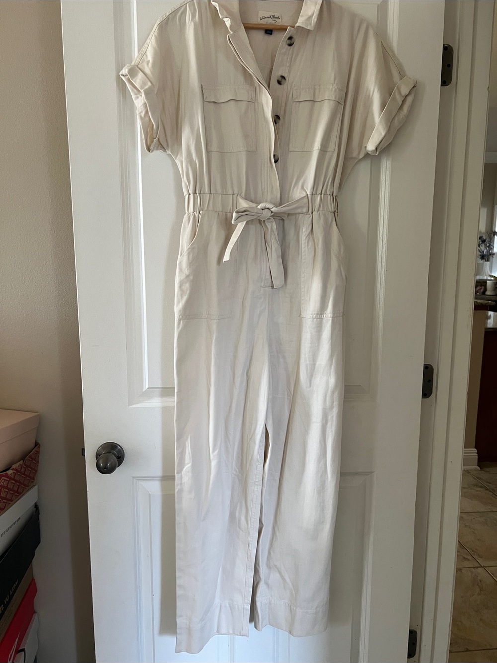 Universal Thread Cream Short-Sleeve Utility Jumpsuit with Tie Waist